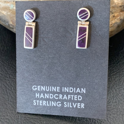 Native Purple Stone Navajo Sterling Silver Dangle Inlay Earrings 0.6" 12682