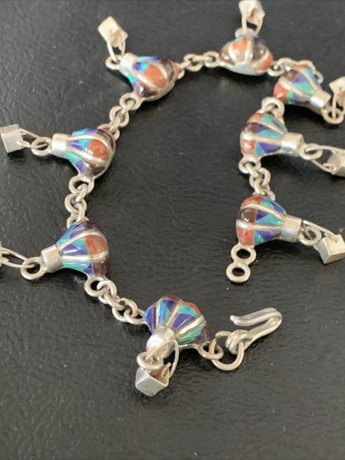 Blue Opal & Coral Balloon Navajo Sterling Silver Link Inlay Bracelet 7.5" 12923