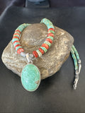 Green Turquoise Pendant Spiny Navajo Heishi Necklace 21" | Sterling Silver | Authentic Native American Handmade | 19204