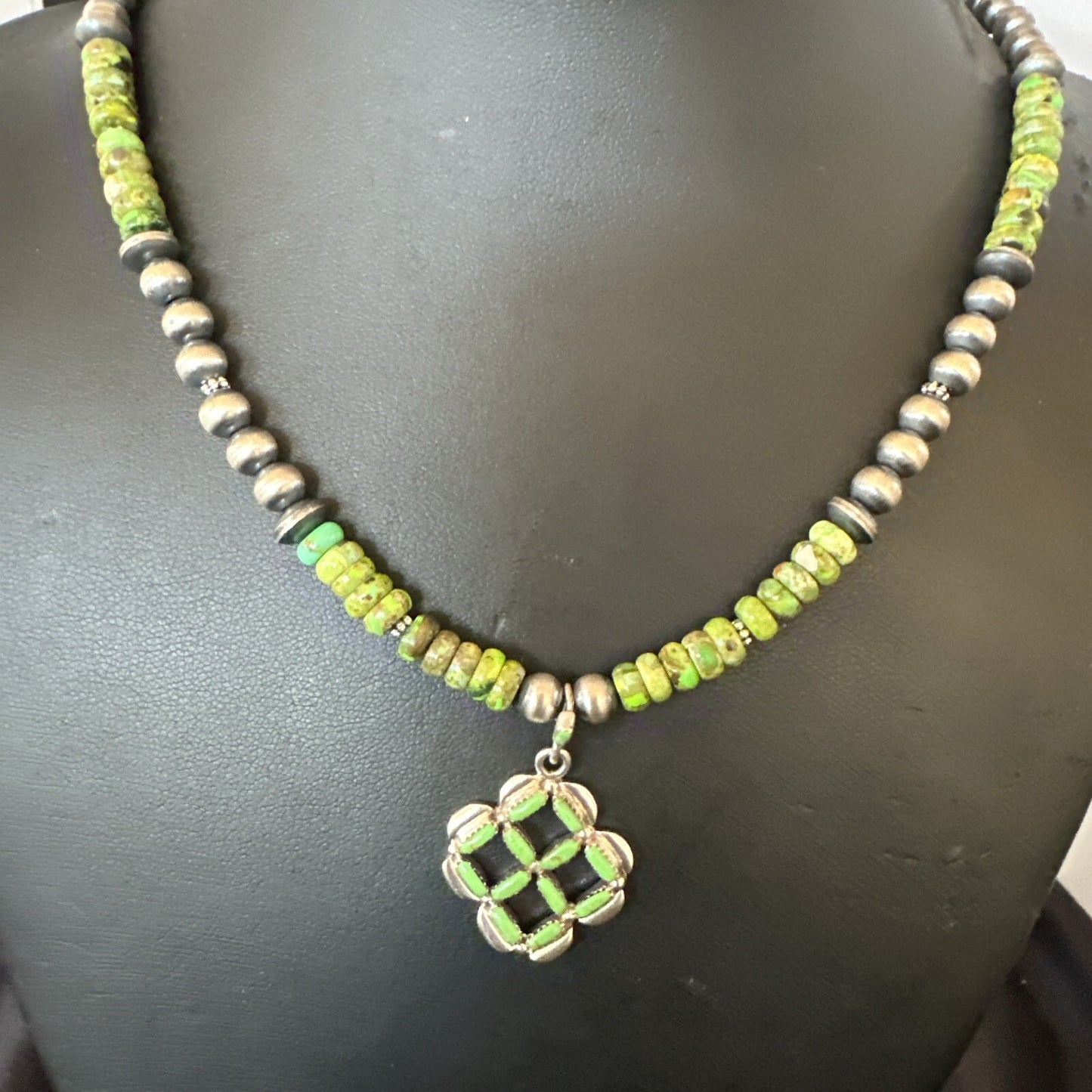 Womens Green Gaspeite Turquoise Pendant Navajo Sterling Silver Necklace 18370