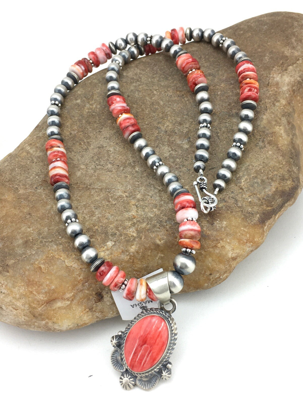 Red Spiny Oyster Pendant Navajo Pearls Sterling Silver Necklace 2685