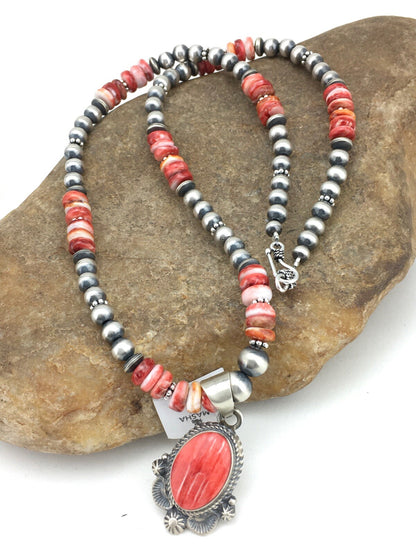 Red Spiny Oyster Pendant Navajo Pearls Sterling Silver Necklace 2685