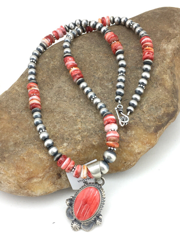 Red Spiny Oyster Pendant Navajo Pearls Necklace | Sterling Silver | Authentic Native American Handmade | 2685