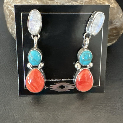Turquoise Spiny MultiColor Navajo Sterling Silver Inlay Earrings 18353