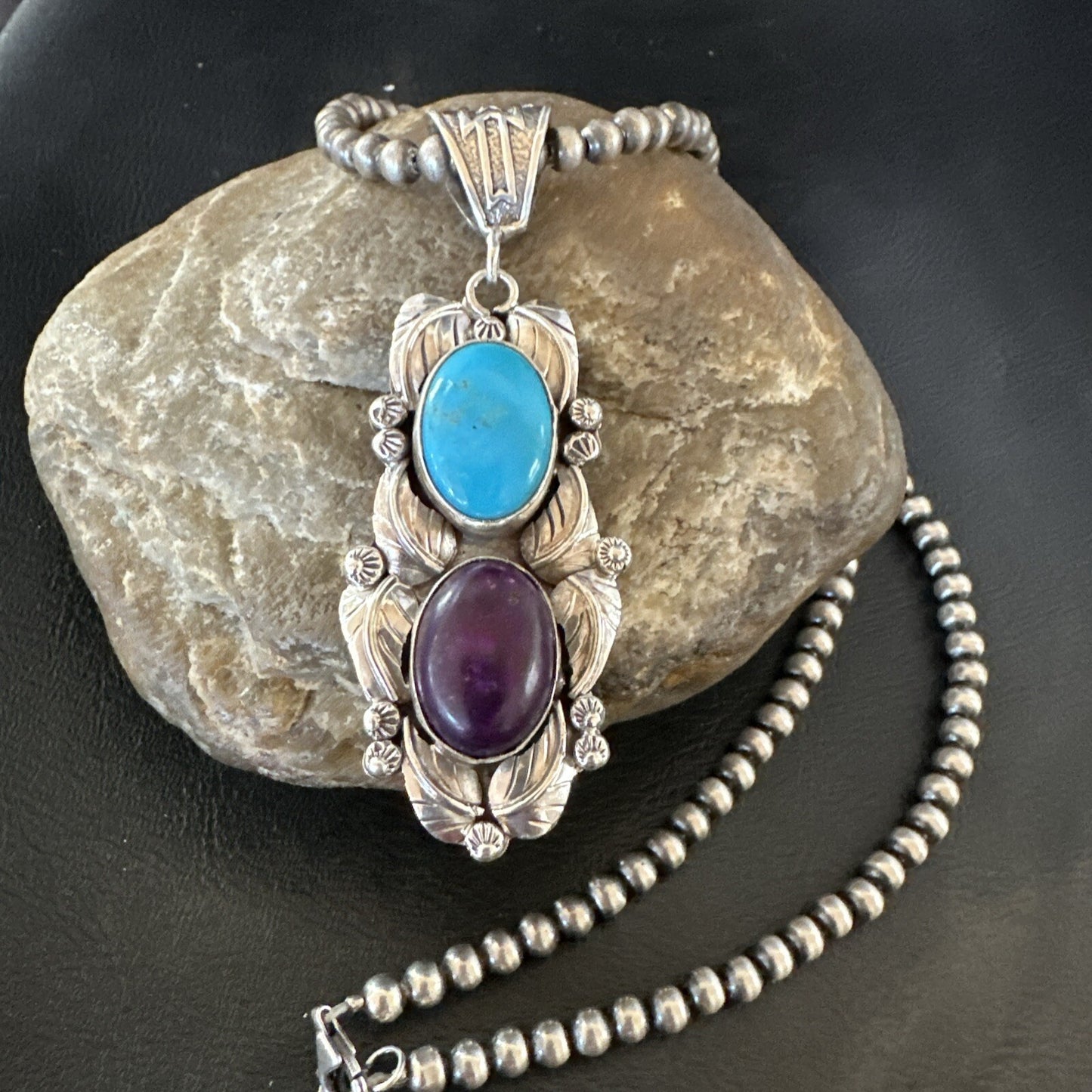 Blue Kingman Turquoise  Purple Stone Pendant Navajo Sterling Silver 18037