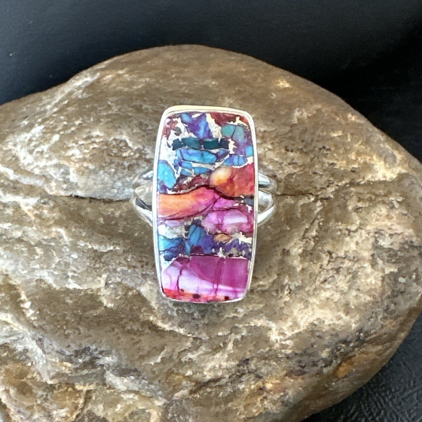 Blue Turquoise Spiny Oyster Southwestern Sterling Silver Ring Size 9 18541