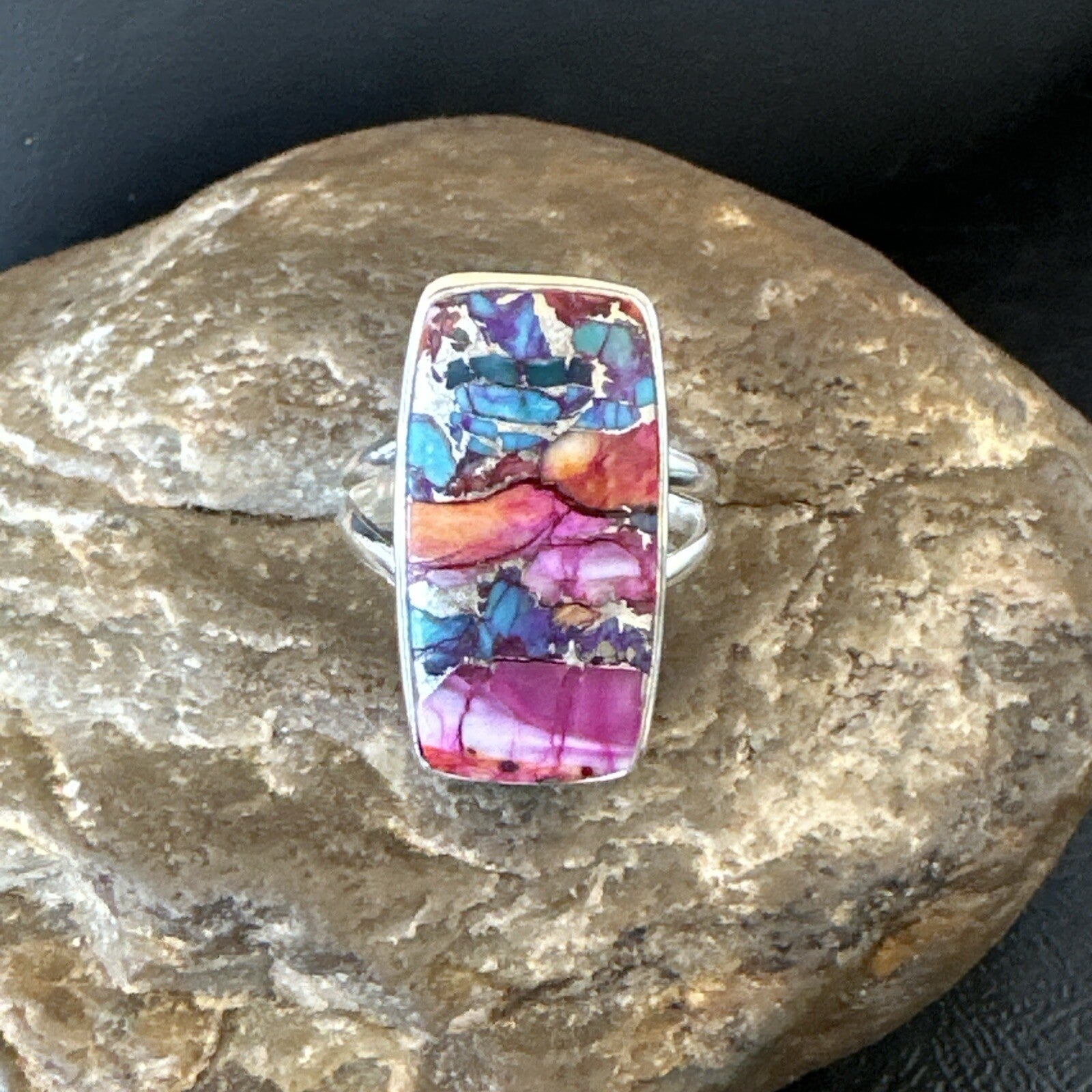 Blue Turquoise Spiny Oyster Southwestern Sterling Silver Ring Size 9 18541