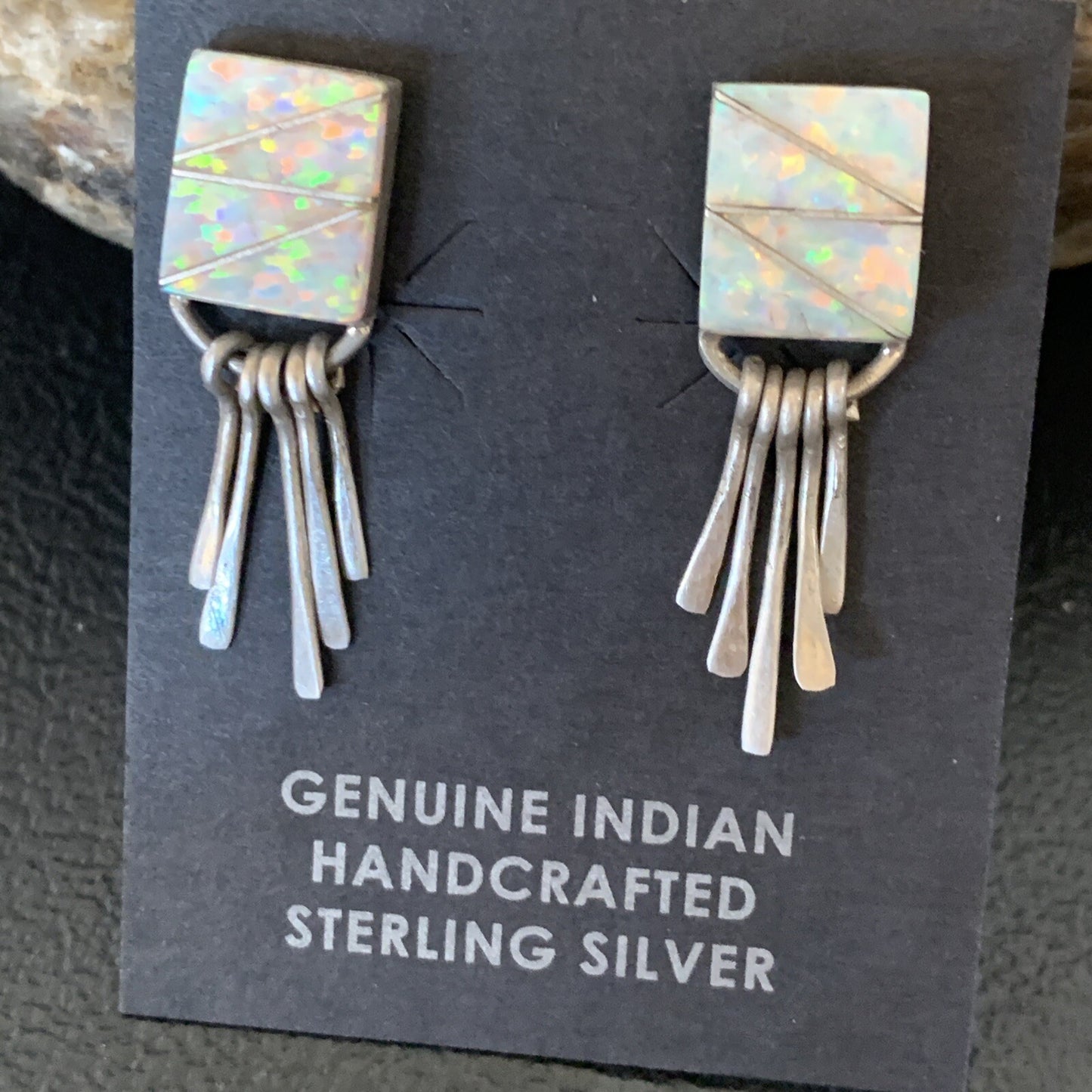 Womens White Opal Inlay Navajo Sterling Silver Dangle Post Earrings 0.5" 12765