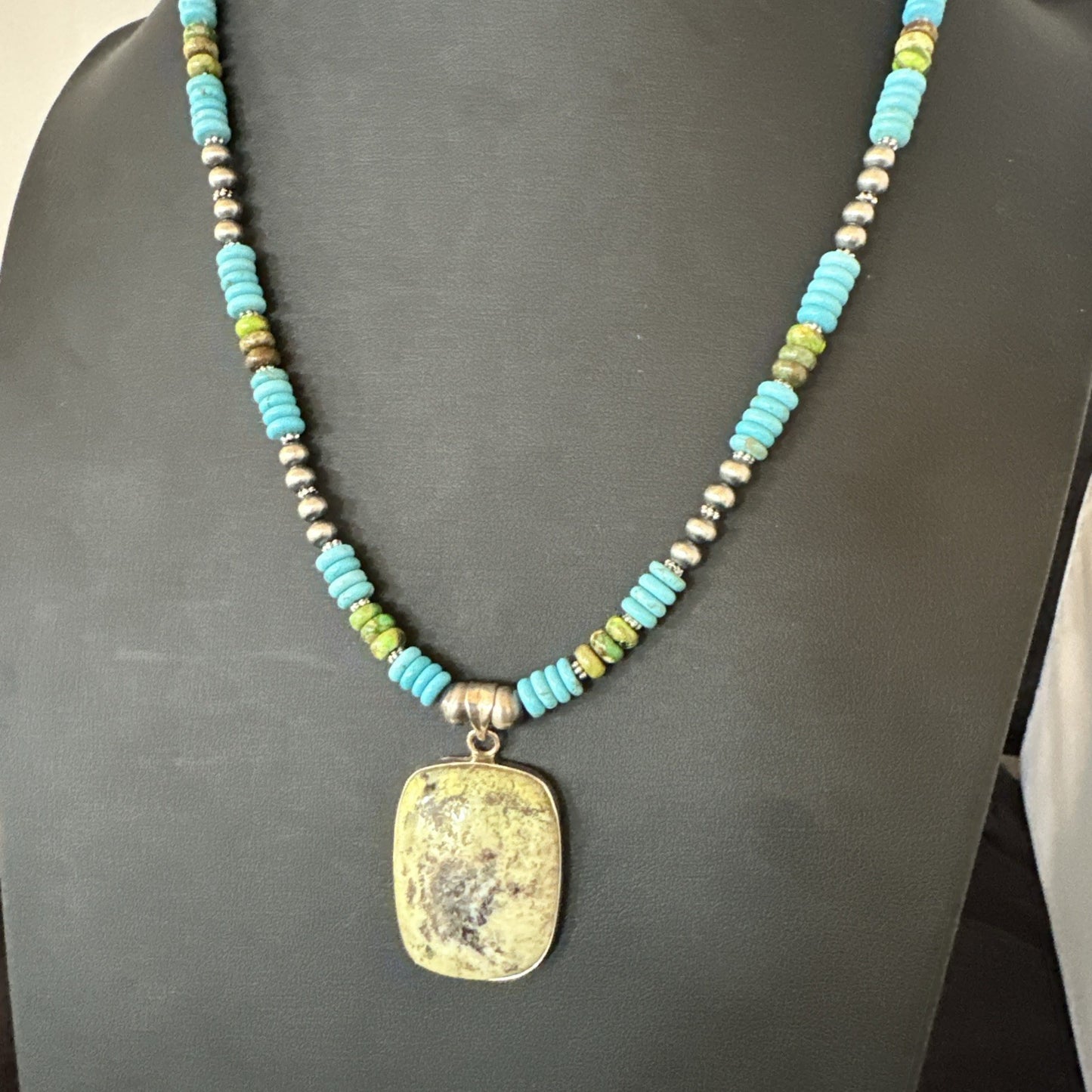 Green Gaspeite Pendant Blue Turquoise Navajo Sterling Silver Necklace 20" 19672