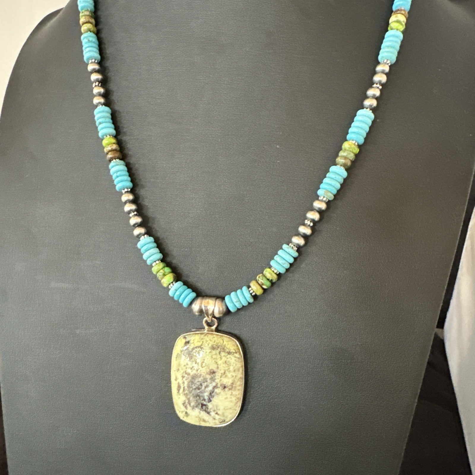 Green Gaspeite Pendant Blue Turquoise Navajo Sterling Silver Necklace 20" 19672