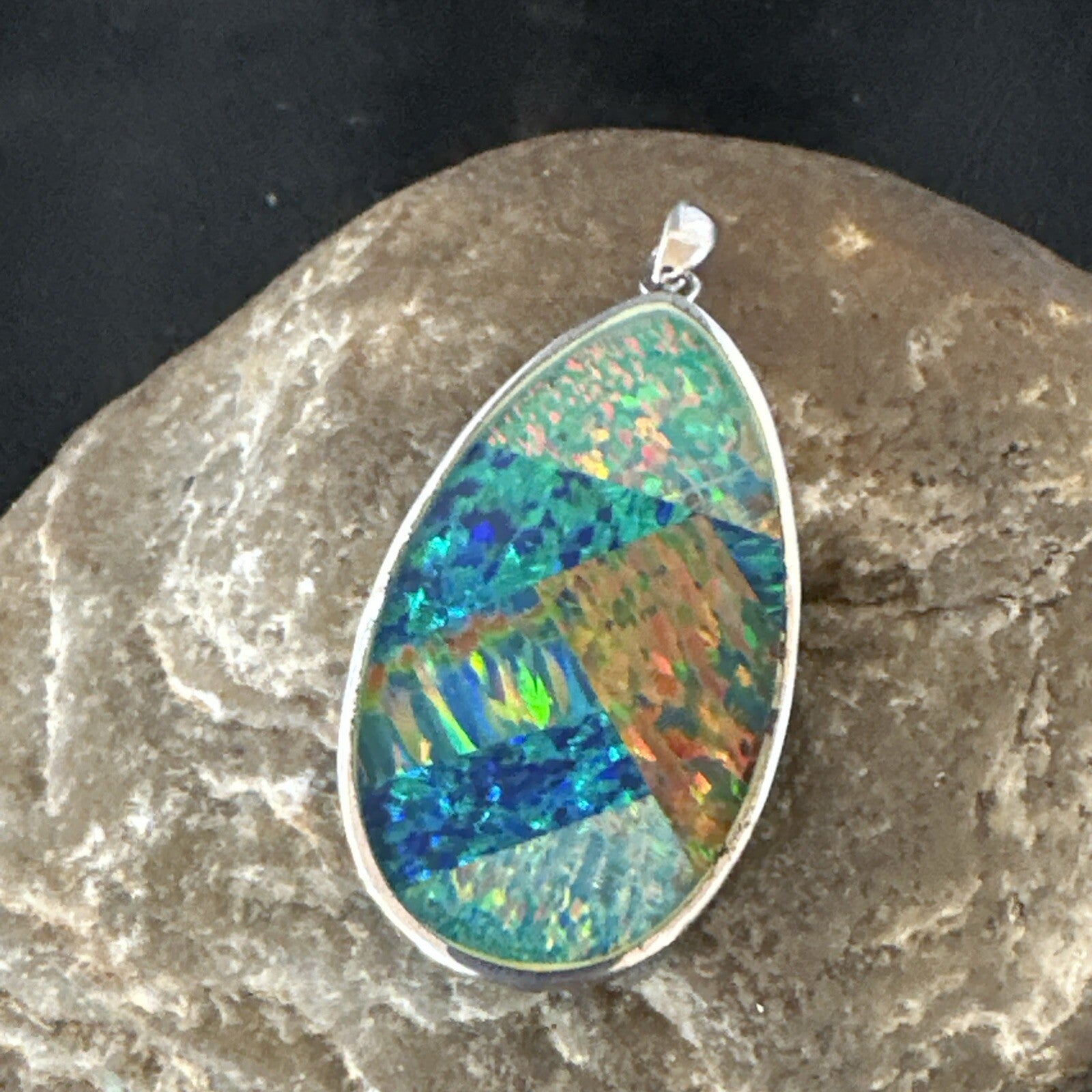 Mens Womens Multicolor Gilson Opal Navajo Sterling Silver Inlay Pendant 18609