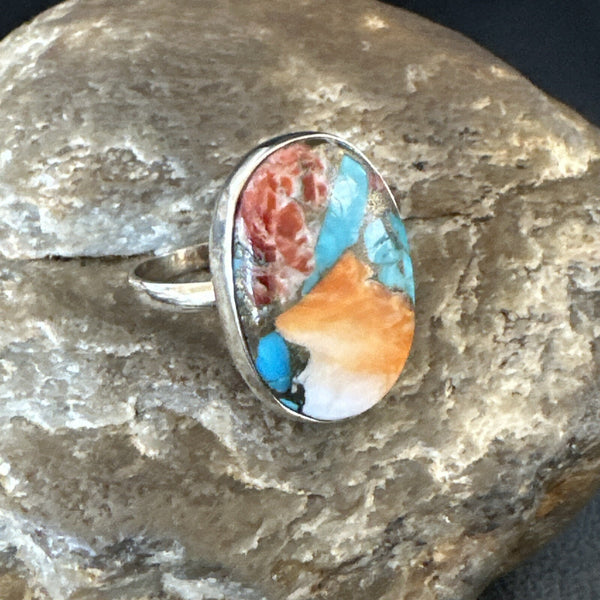 Blue Turquoise Spiny Oyster Navajo Ring Size 8 | Sterling Silver | Authentic Native American Handmade | 18233