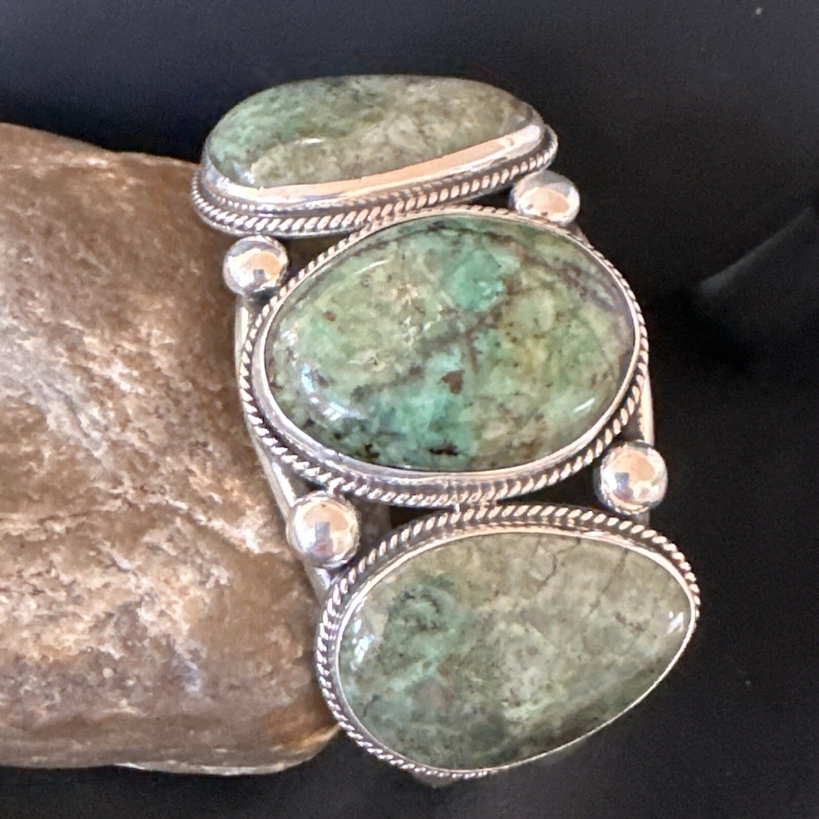 Navajo Green Royston TURQUOISE Stamped Sterling Silver Cuff Bracelet 8.5" 18718