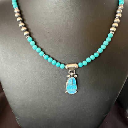Blue Opal Pendant Turquoise Navajo Sterling Silver Necklace 23" 18734