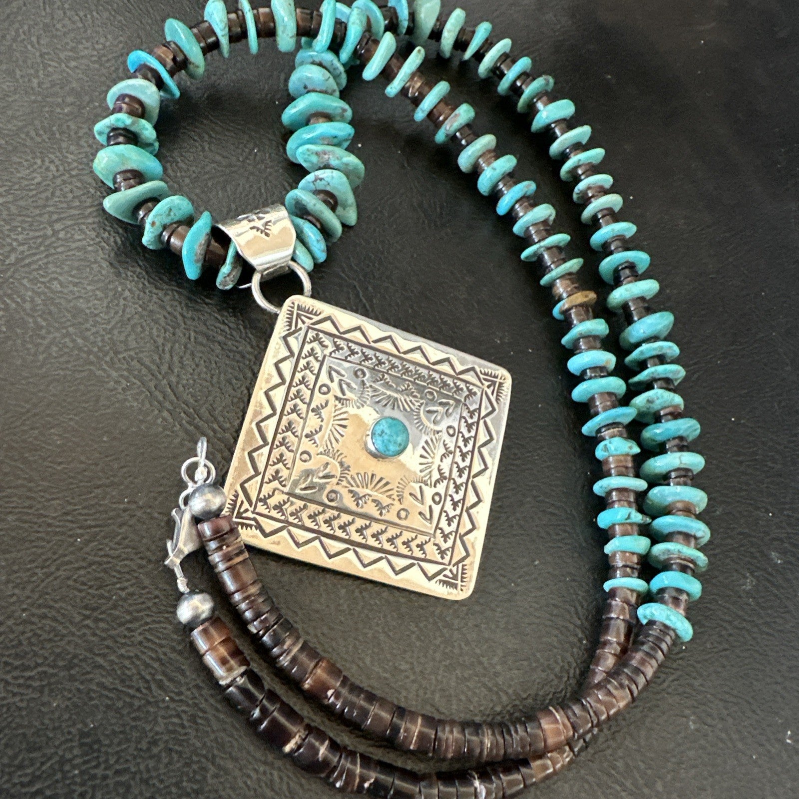 Navajo Blue Turquoise Stamped Pendant Shell Sterling Silver 25” Necklace 19706