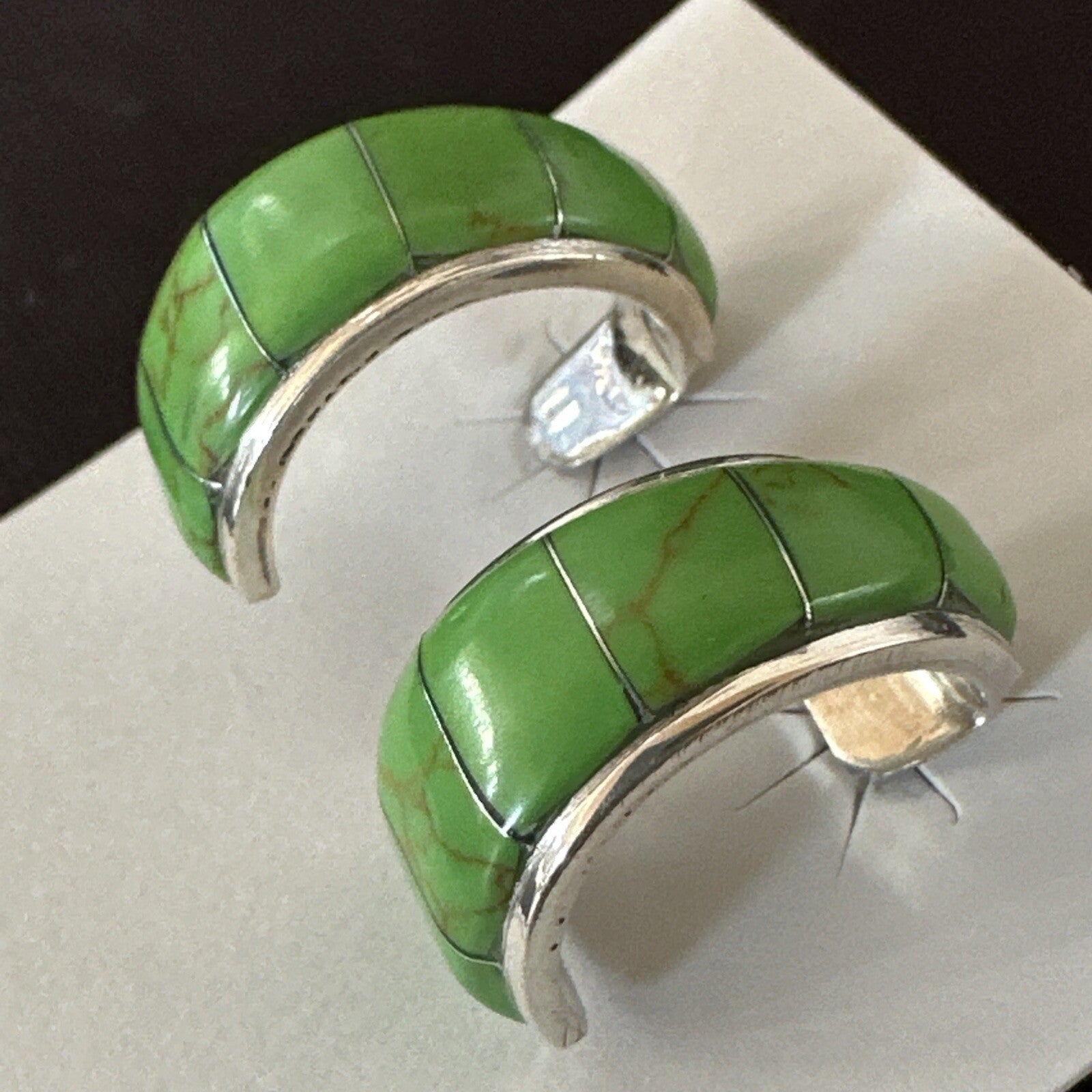 Southwestern Sterling Silver Green Gaspiete Inlay Earrings 1” 19266