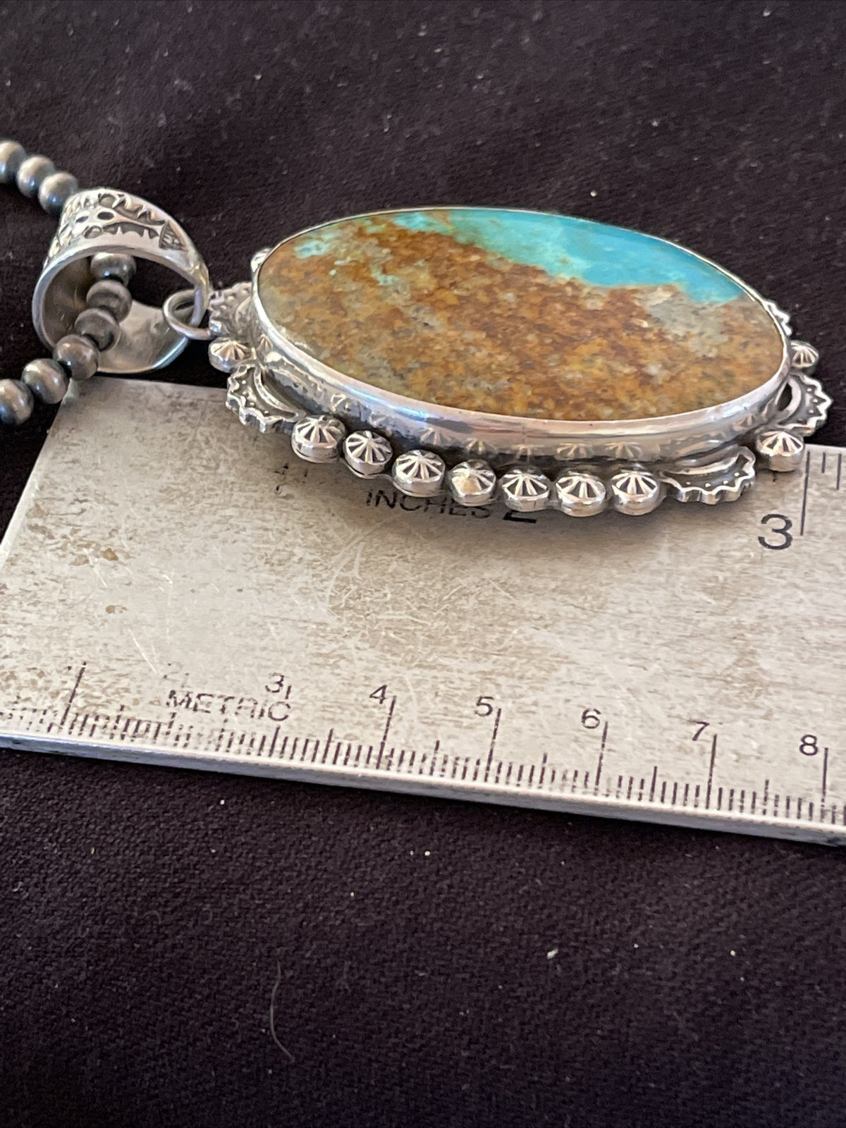 Blue Kingman Turquoise Pendant Navajo Pearls Sterling Silver Necklace 01310