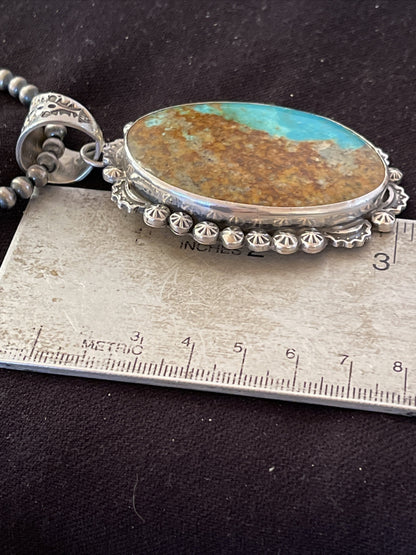 Blue Kingman Turquoise Pendant Navajo Pearls Sterling Silver Necklace 01310