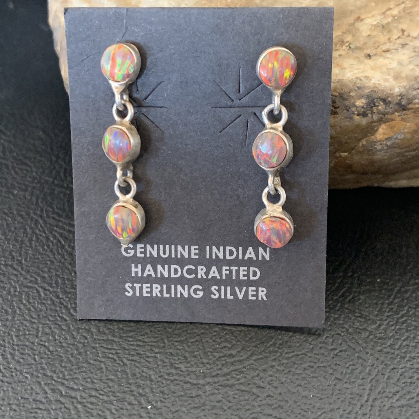 Womens Pink Opal Inlay Navajo Sterling Silver Dangle Post Earrings 1" 12760