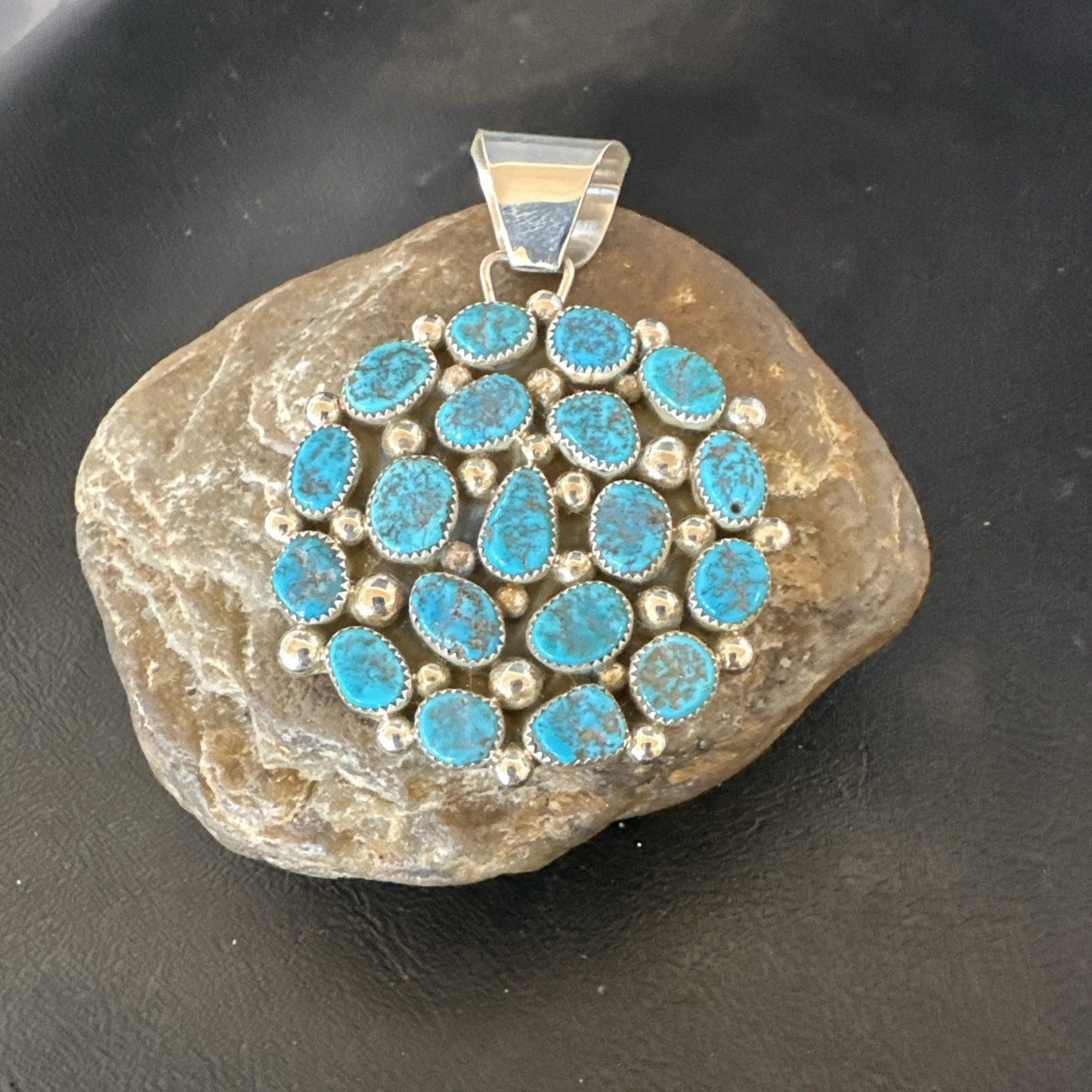 Cluster Kingman Turquoise Navajo Sterling Silver Necklace Pendant 2.75” 19087