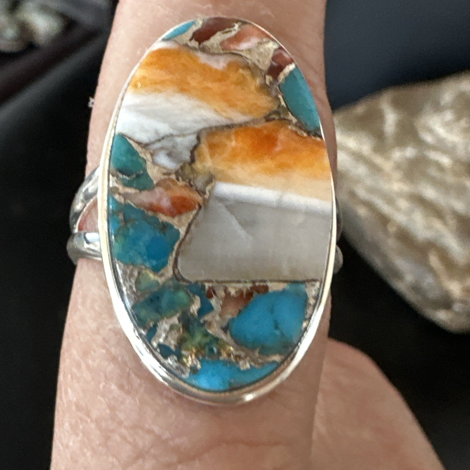 Blue Turquoise Spiny Oyster Southwestern Sterling Silver Ring Size 8 18547