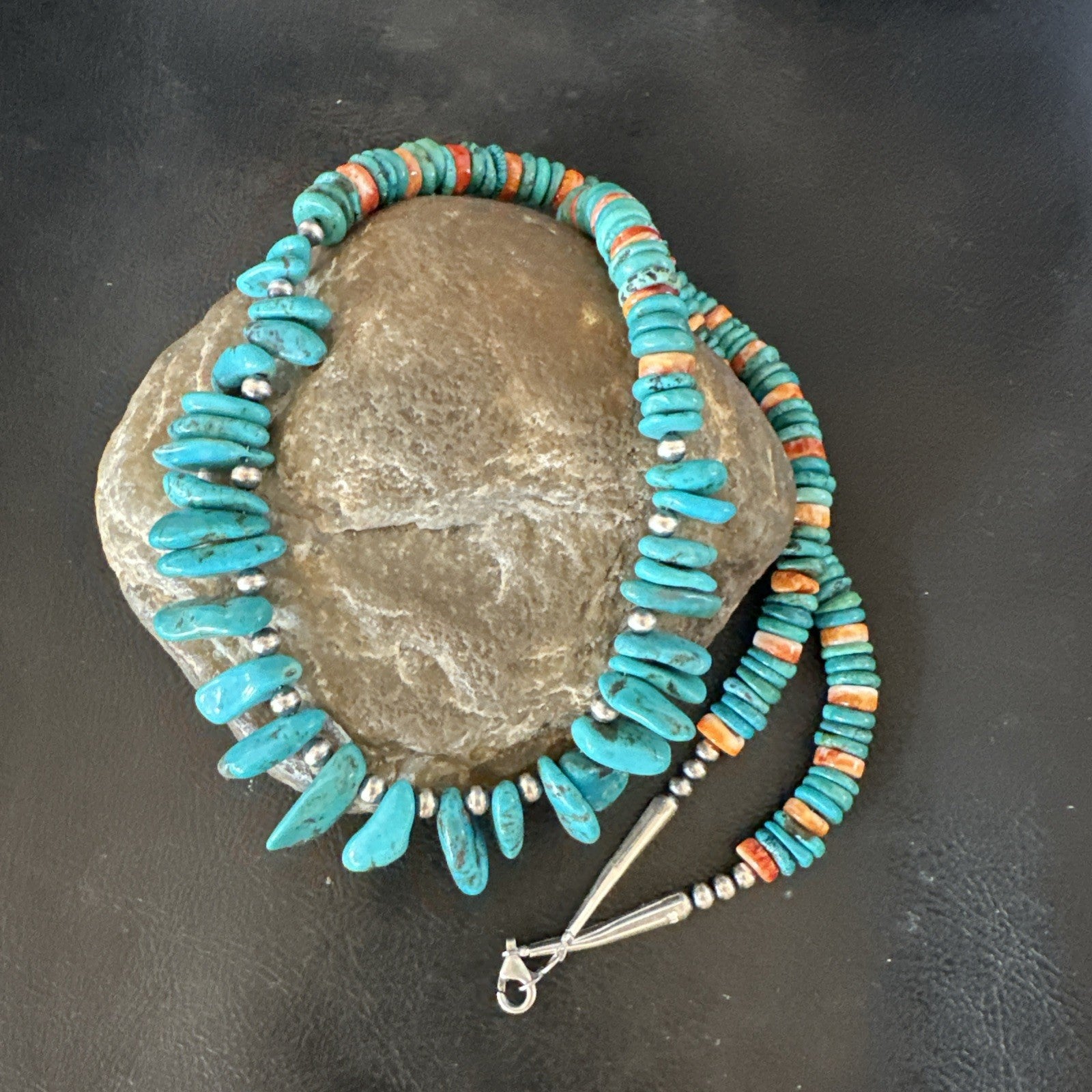Mens Women Navajo Blue Turquoise Spiny Oyster Necklace Sterling Silver 24” 19506