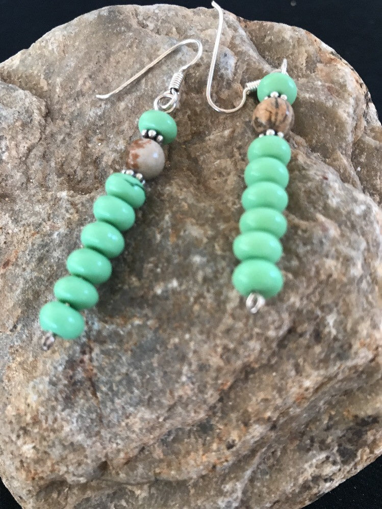 Native Navajo Sterling Silver Green Malachite Picture Jasper Earrings 10098