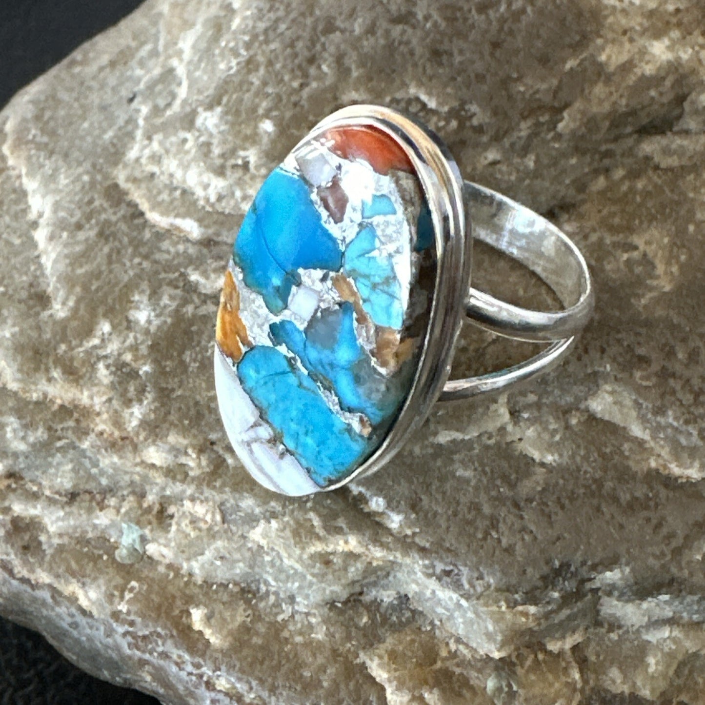 Blue Turquoise Spiny Oyster Southwestern Sterling Silver Ring Size 9 18459