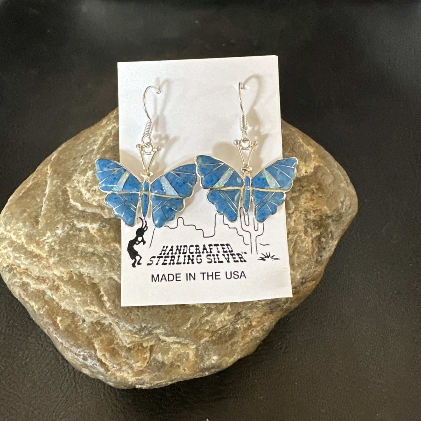 Butterfly Blue Denim Lapis Opal Inlay Sterling Silver Dangle Earrings 19138
