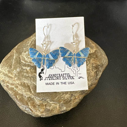 Butterfly Blue Denim Lapis Opal Inlay Sterling Silver Dangle Earrings 19138