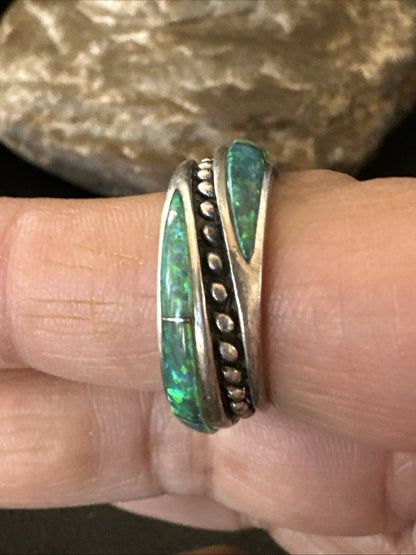 Green Opal Navajo Sterling Silver Band Inlay Ring Size 7 18809