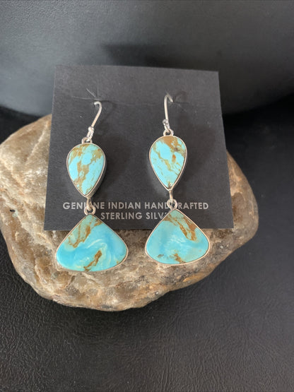 Blue Kingman Turquoise Navajo Sterling Silver Dangle Earrings 1.5" 14077