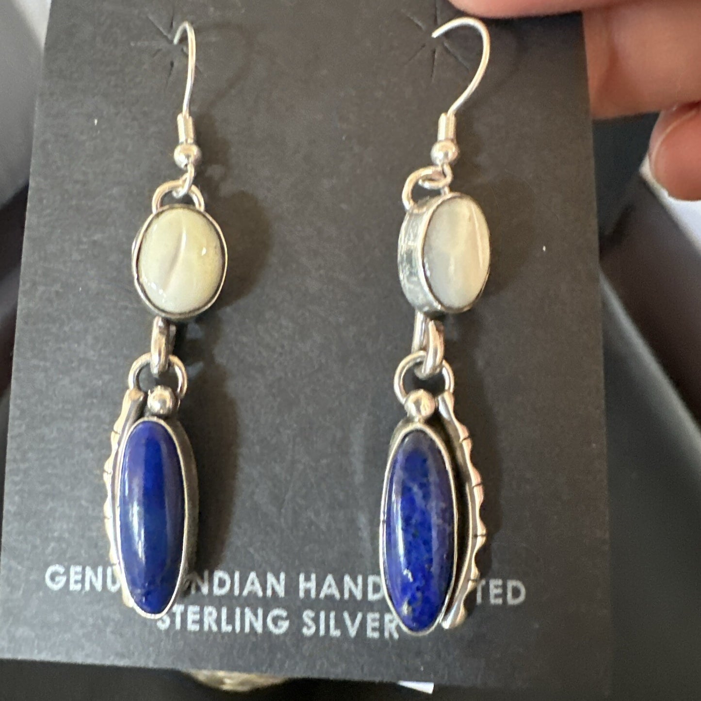 Navajo White MOP Blue Lapis Sterling Silver Dangle Earrings 18183
