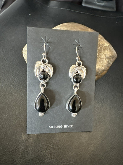 Black Onyx Navajo Sterling Silver Dangle Earrings 1.5" 18284