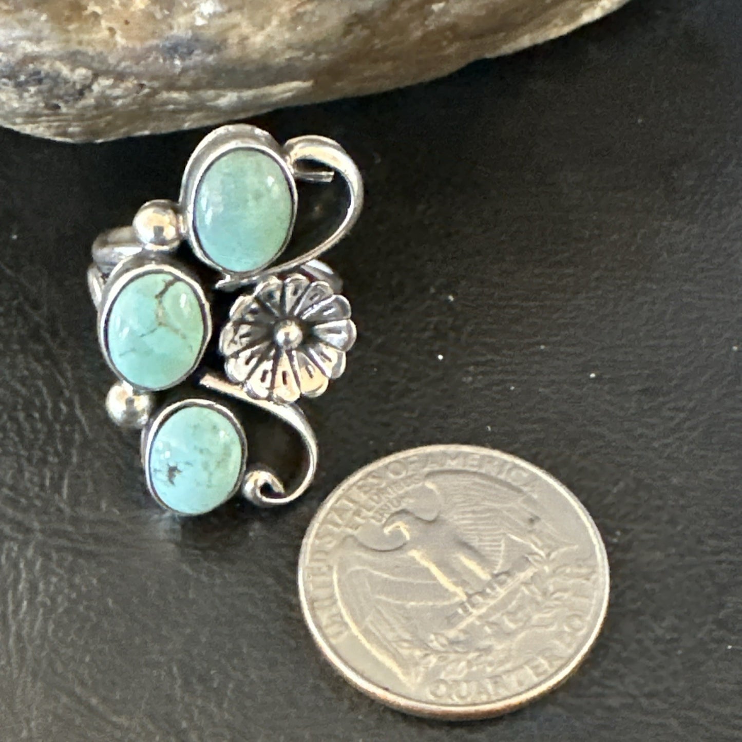 Blue Green Turquoise Navajo Sterling Silver Cluster Ring Size 8.5 19081
