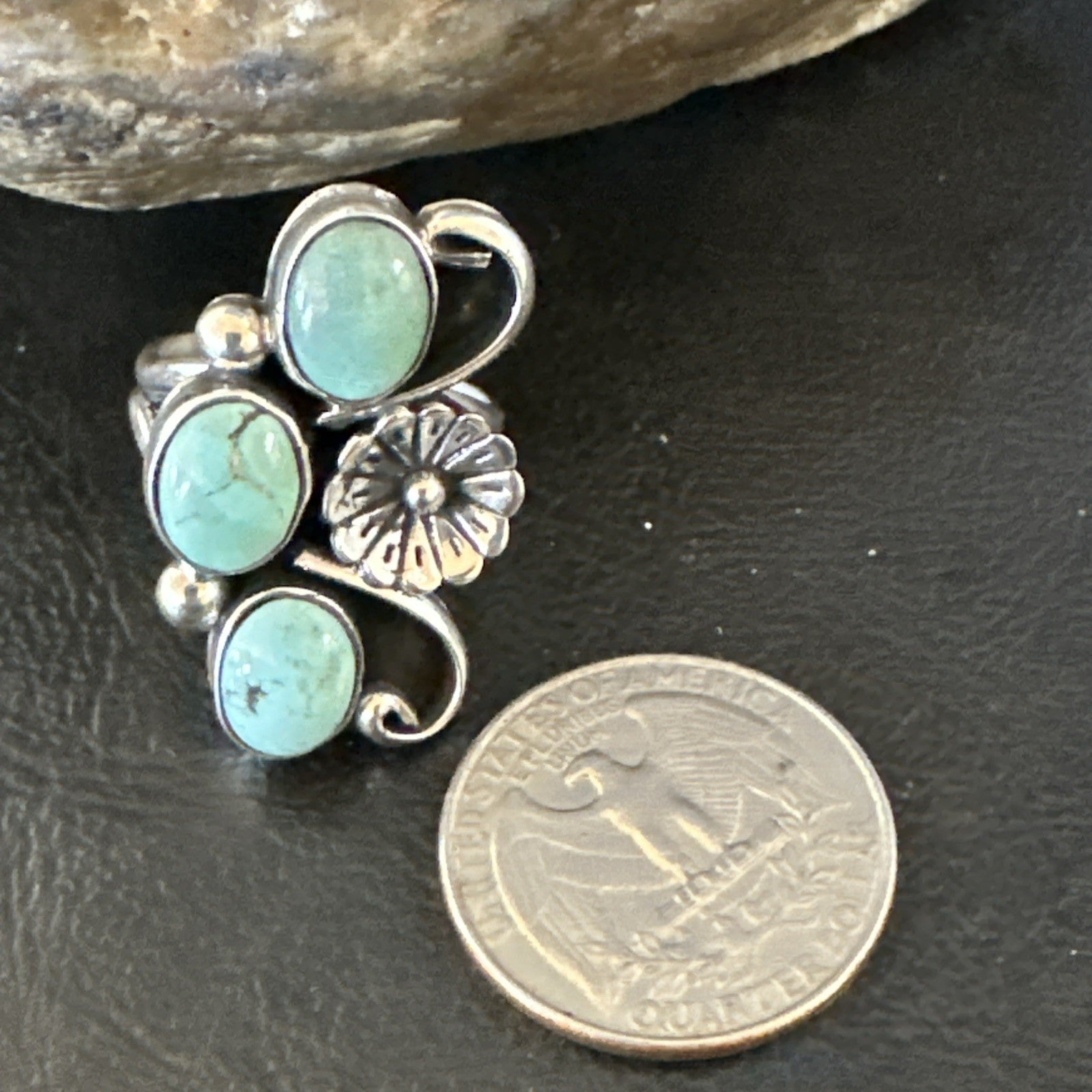 Blue Green Turquoise Navajo Sterling Silver Cluster Ring Size 8.5 19081