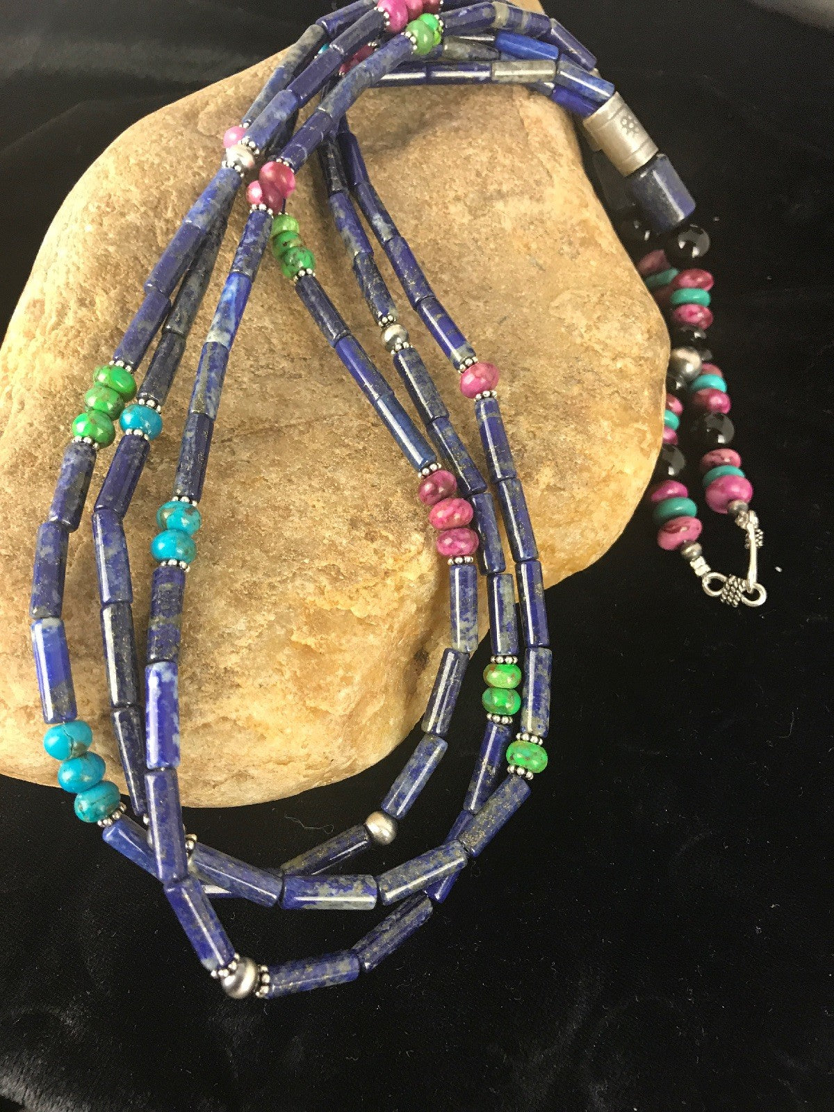 Denim Lapis Multi Strands Navajo Sterling Silver Necklace 22" 03342