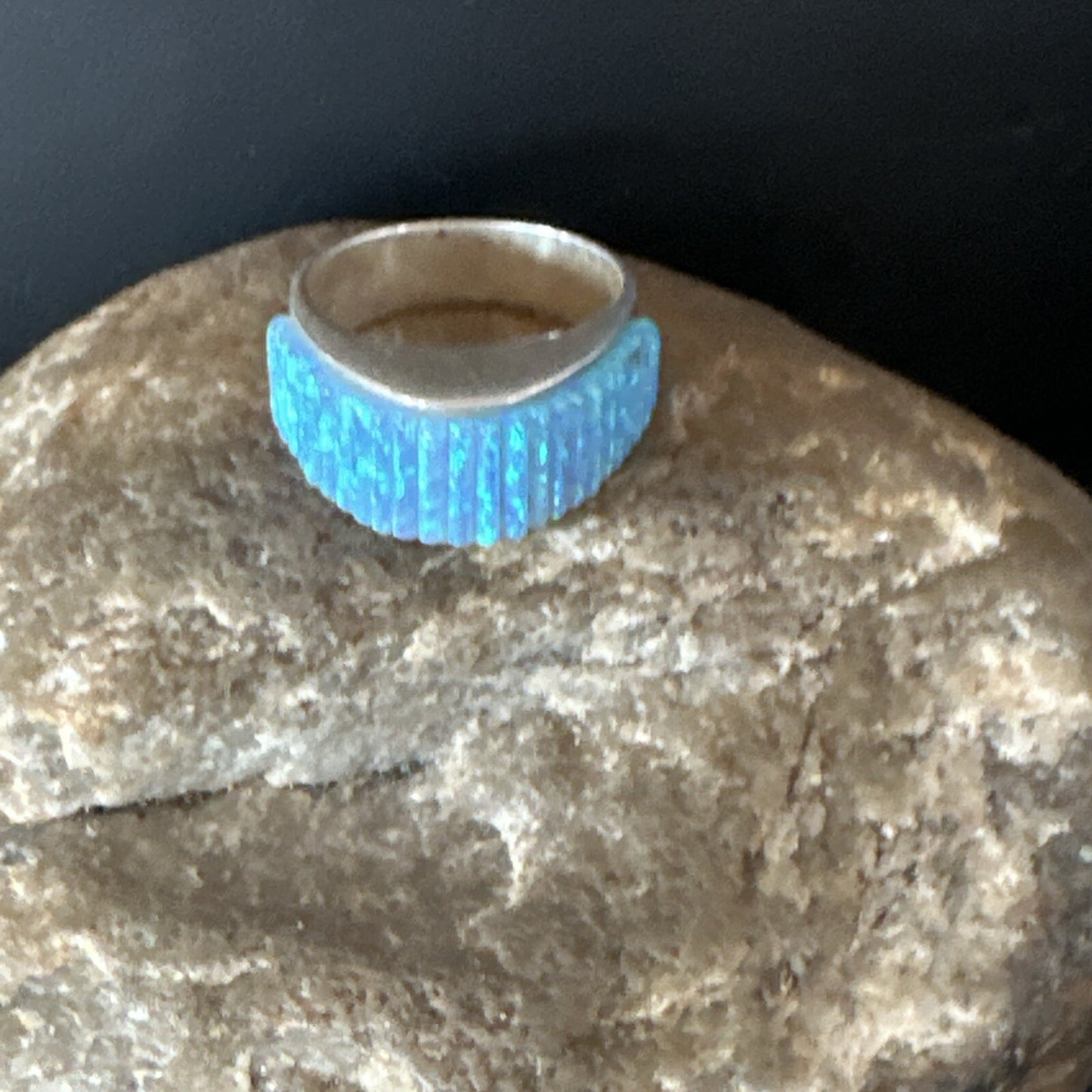 Blue Opal Navajo Sterling Silver Band Inlay Ring Size7 18799