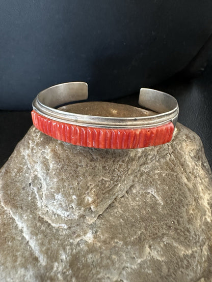 Native American Red Coral Navajo Bracelet Sterling Silver Handmade 19461