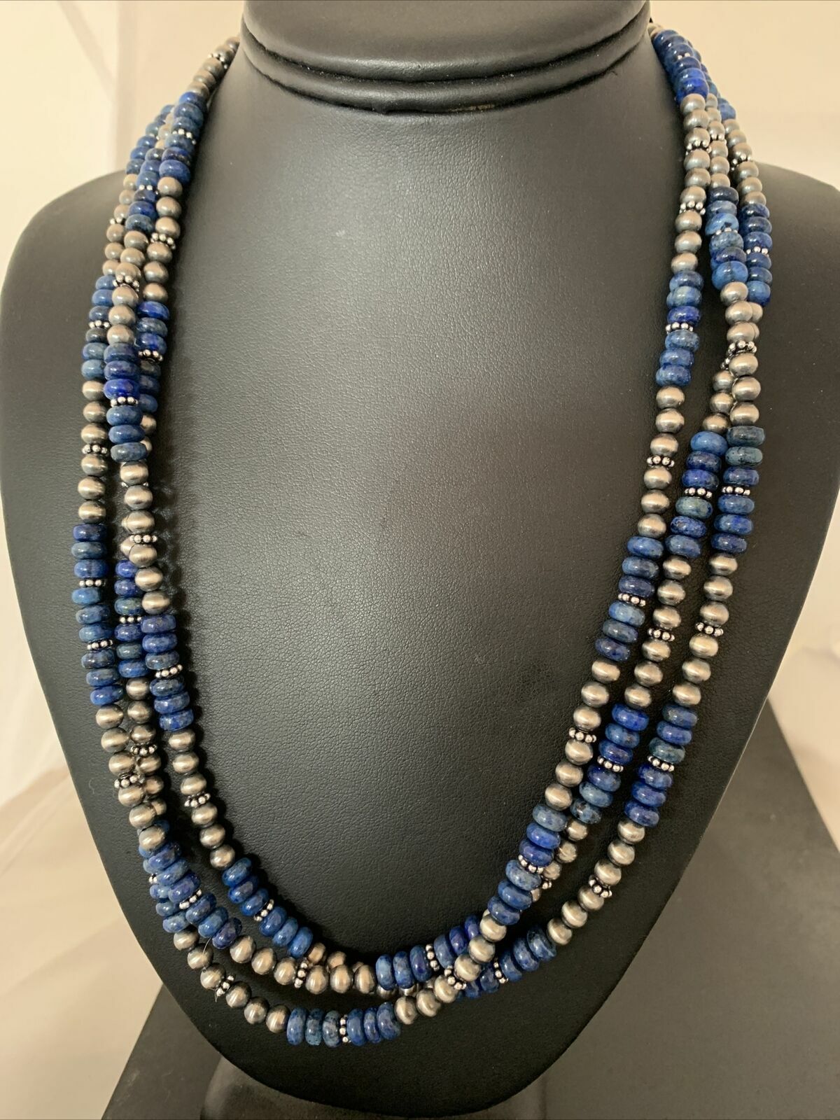 Native Navajo Pearls Denim Lapis 3 Strand Sterling Silver 21” Necklace 00929
