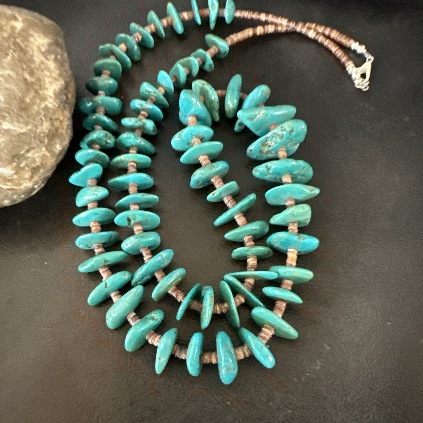 XL Navajo Kingman Turquoise Shell Heishi Sterling Silver Bead 34” Necklace 19635