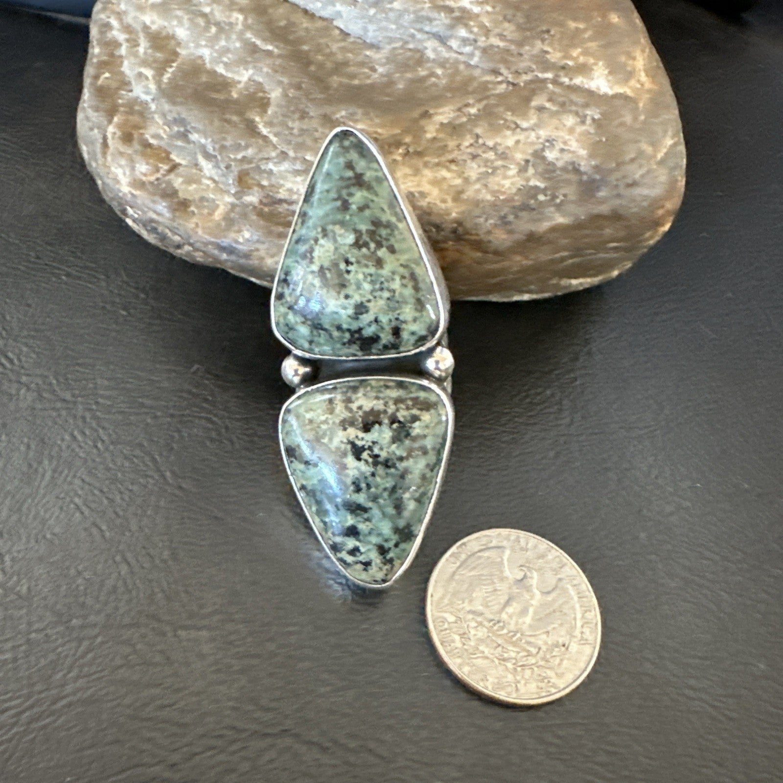 H Joe Womens Navajo Sterling Silver Green Turquoise Ring 2 Stone Size 7 19359