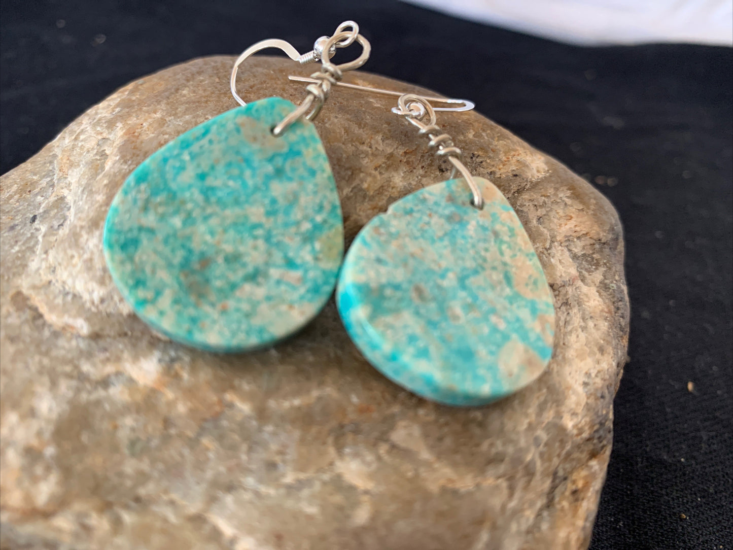 Navajo Sterling Silver Slab Turquoise Dangle Earrings 01357