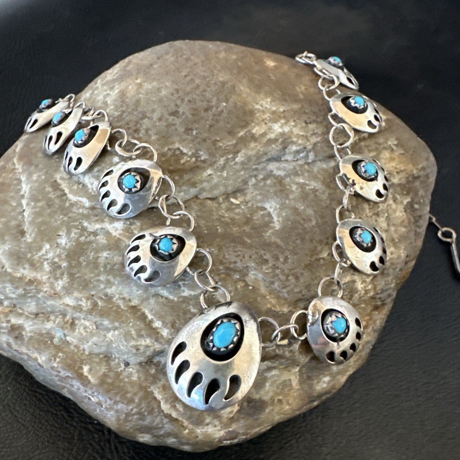 Blue Turquoise Navajo Sterling Silver Bear Paw ShadowBox Necklace 17" 19745