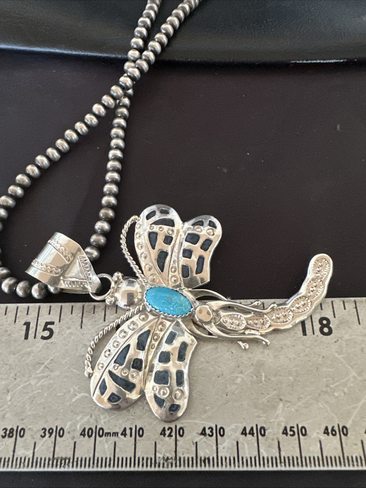 Navajo Dragonfly Blue Turquoise Sterling Silver Necklace Pendant 3" 18579
