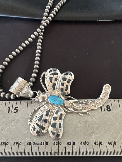 Navajo Dragonfly Blue Turquoise Sterling Silver Necklace Pendant 3" 18579