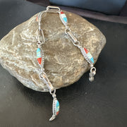 Women Oldpawn Turquoise Opal Coral Navajo Link Bracelet 8" | Sterling Silver | Authentic Native American Handmade | 19798