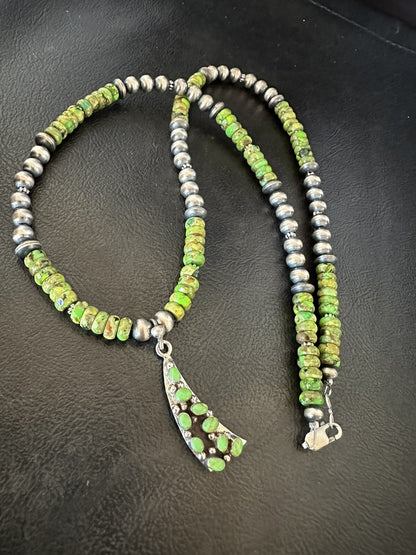 Womens Green Gaspeite Turquoise Pendant Navajo Sterling Silver Necklace 18369