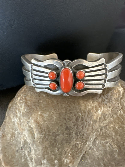 Mens Womens Red Coral Navajo Sterling Silver Cluster Cuff Bracelet 7" 19697
