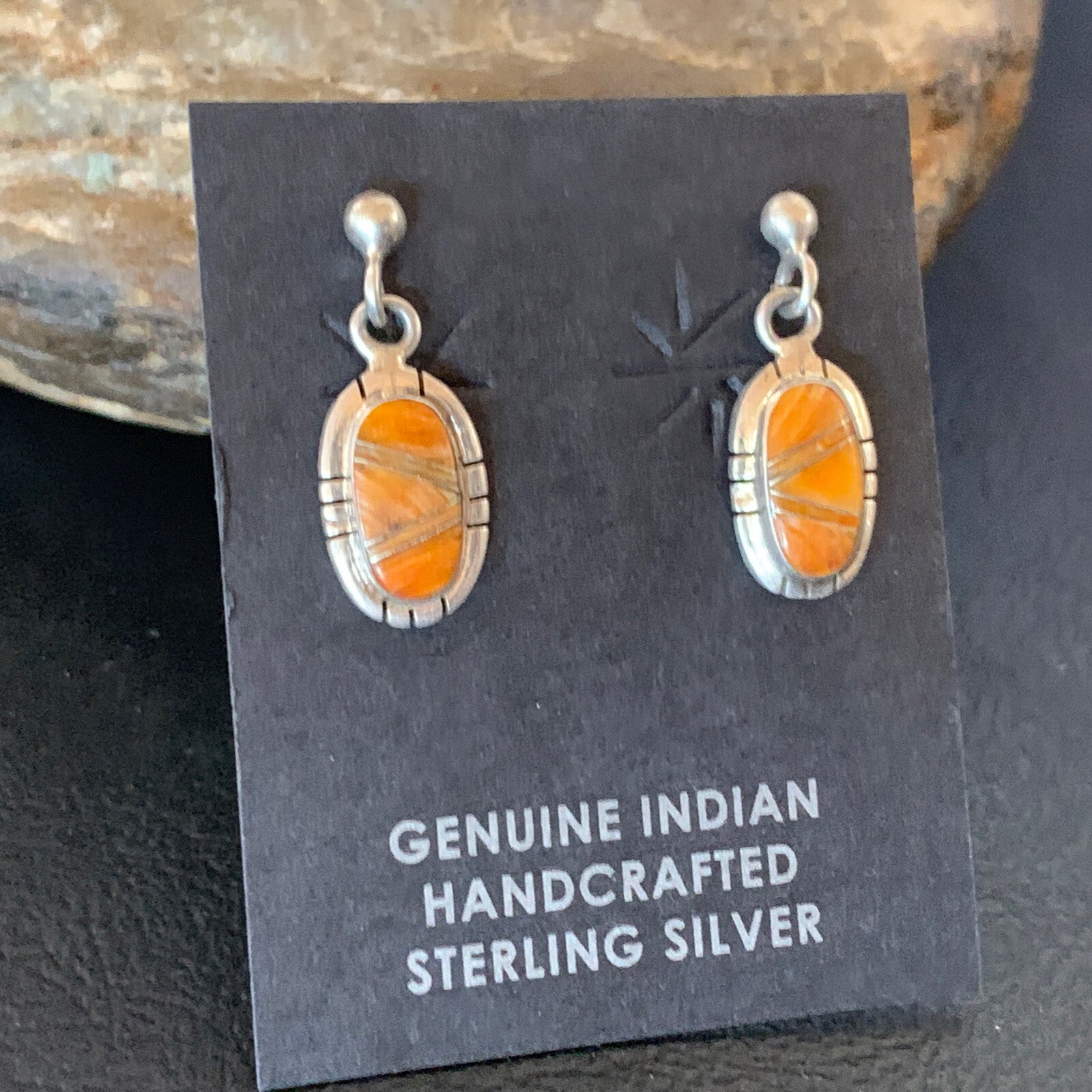 Orange Spiny Oyster Navajo Sterling Silver Dangle Inlay Earrings 12680